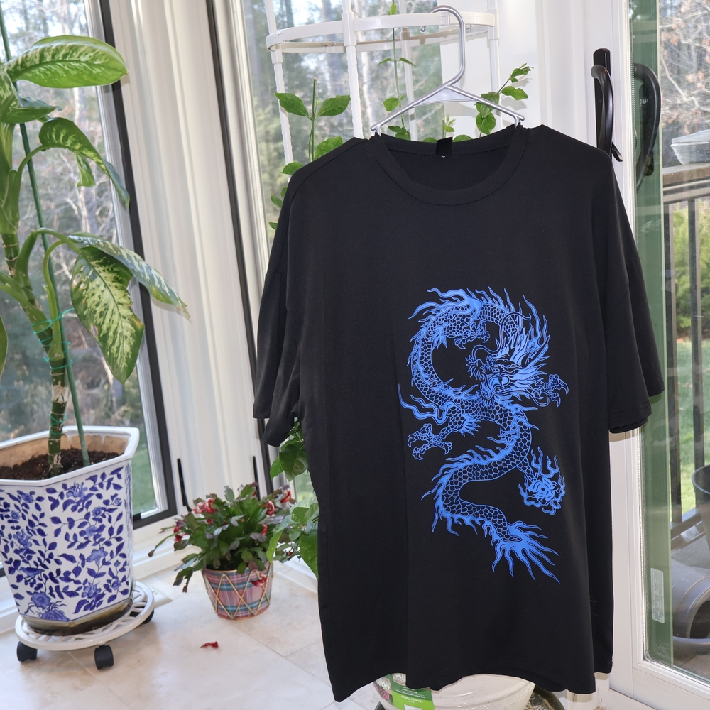 Black T-Shirt with Blue Dragon Graphic - Women